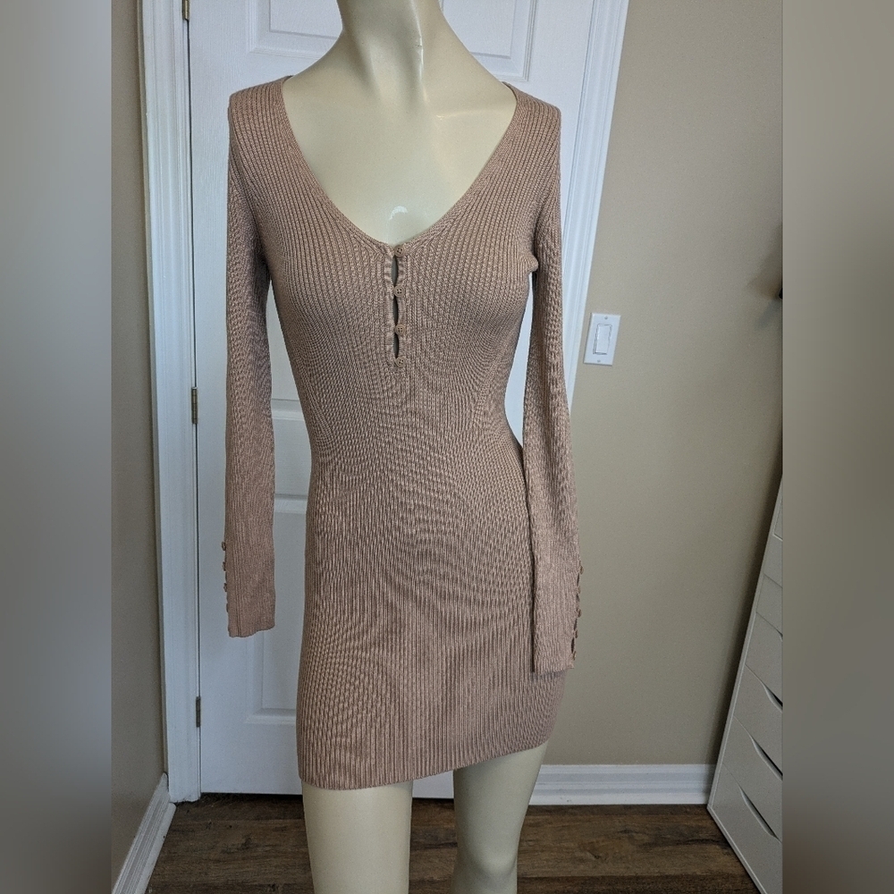 Abercrombie Fitch Ribbed Sweater Dress Midi Tan Button NWT Women's Small